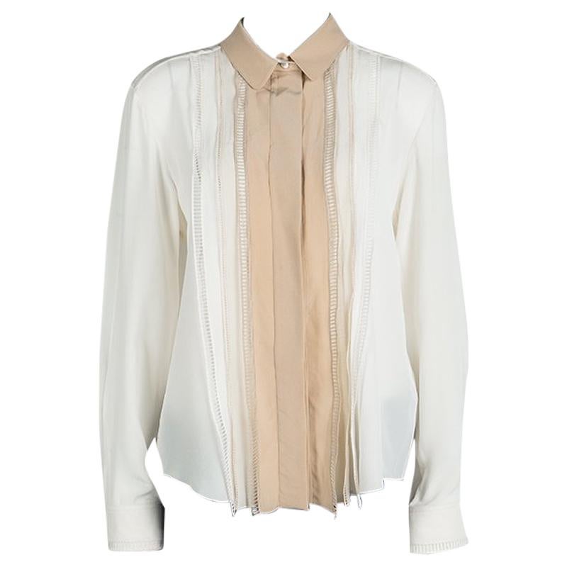 Chloe Cream Contrast Collar and Lapel Ladder Lace Detail Silk Blouse L