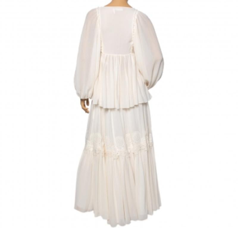 Beige Chloe Cream Crinkle Silk Lace Trim Detailed Blouse and Skirt S For Sale