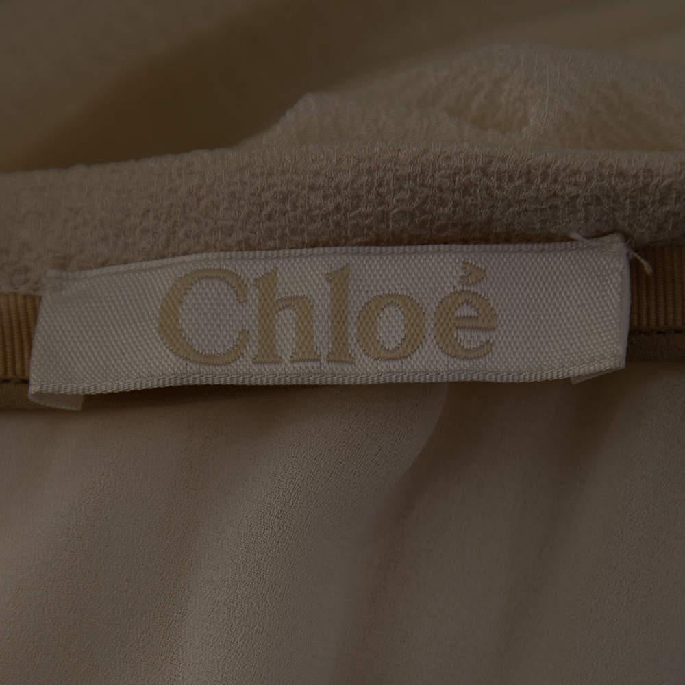 Chloe Cream Crinkle Silk Lace Trim Detailed Blouse and Skirt S en vente 3