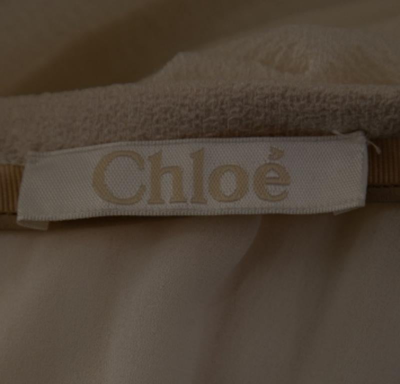 Chloe Cream Crinkle Silk Lace Trim Detailed Blouse and Skirt S For Sale 3