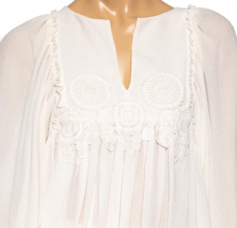 Chloe Cream Crinkle Silk Lace Trim Detailed Blouse and Skirt S For Sale 4
