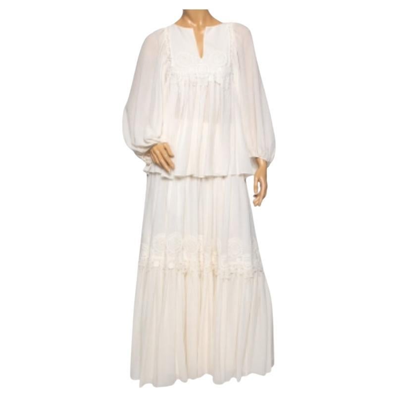 Chloe - Camicetta e gonna con dettagli in pizzo in seta stropicciata color crema S