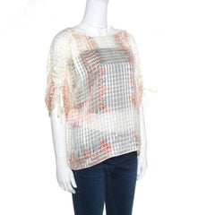Chloe Cream Drawstring Sleeve Detail Printed Silk Sheer Top M