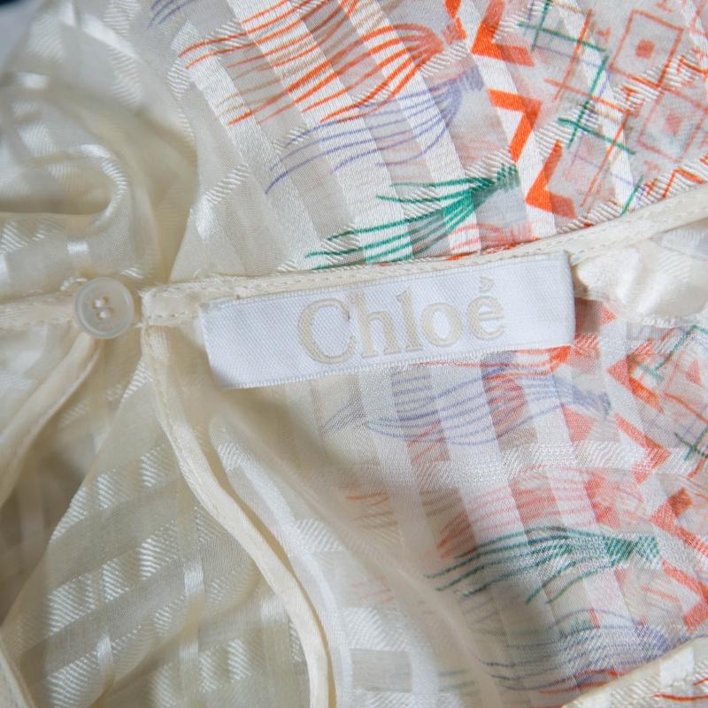 Gray Chloe Cream Drawstring Sleeve Detail Printed Silk Sheer Top M