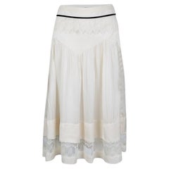 Chloe Cream Lace Insert Pleated Silk Midi Skirt S