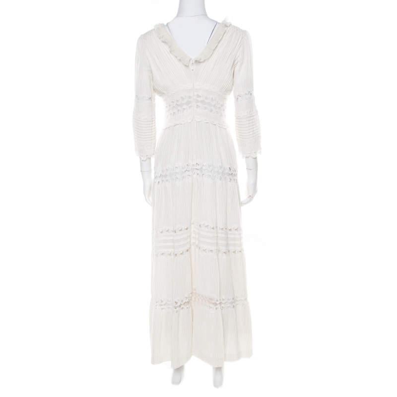 Chloe Cream Linen Pintucked Lace Paneled Maxi Dress S For Sale 1