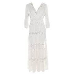 Chloe Cream Linen Pintucked Lace Paneled Maxi Dress S