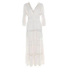 Chloe Cream Linen Pintucked Lace Paneled Maxi Dress S