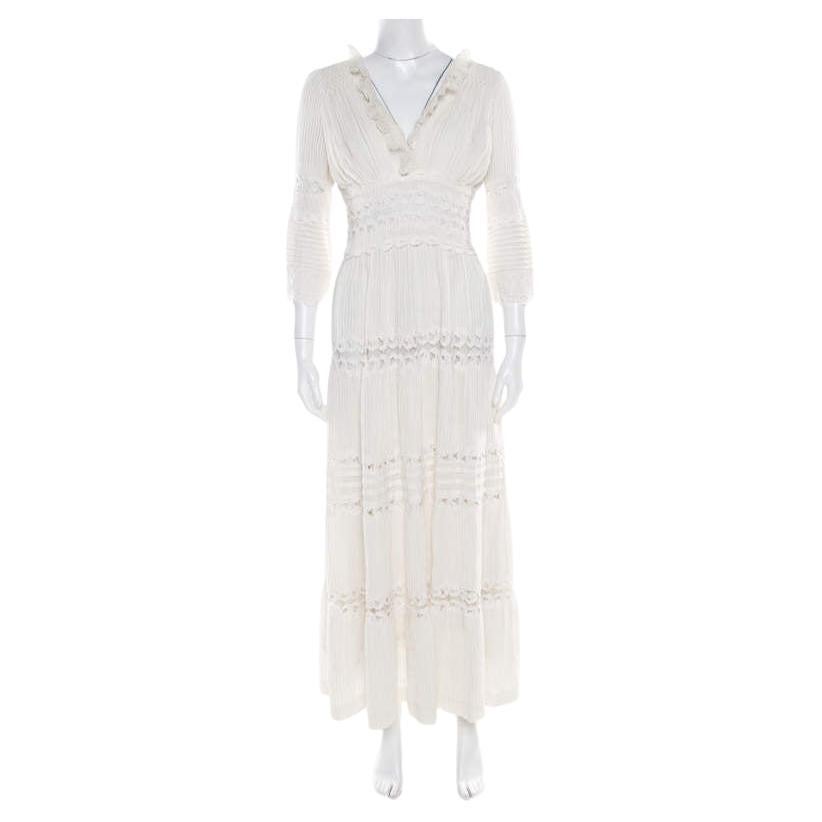 Chloe Cream Linen Pintucked Lace Paneled Maxi Dress S For Sale