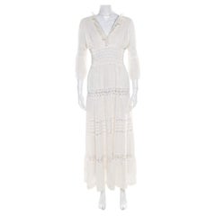 Chloe Cream Linen Pintucked Lace Paneled Maxi Dress S