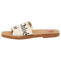 Chloe Cream Logo Print Canvas Woody Flat Slides Size 41