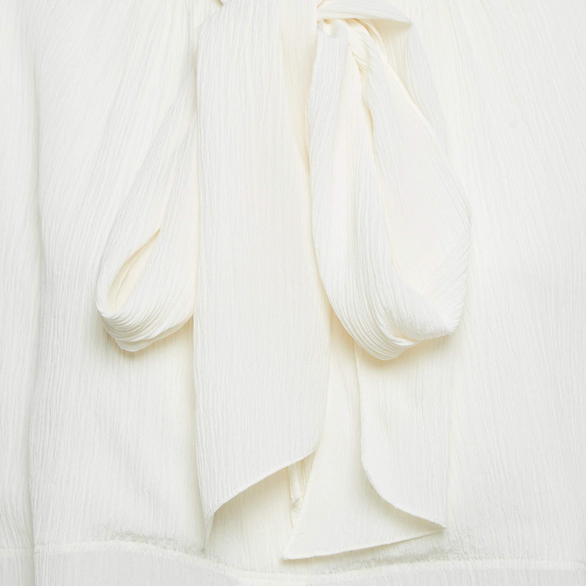 Gray Chloe Cream Textured Silk Crepe Tie-Up Neck Tunic L