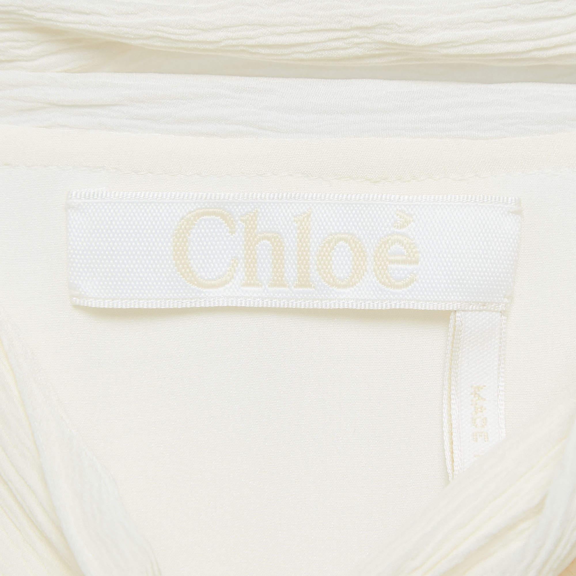 Chloe Cream Textured Silk Crepe Tie-Up Neck Tunic L In Excellent Condition In Dubai, Al Qouz 2