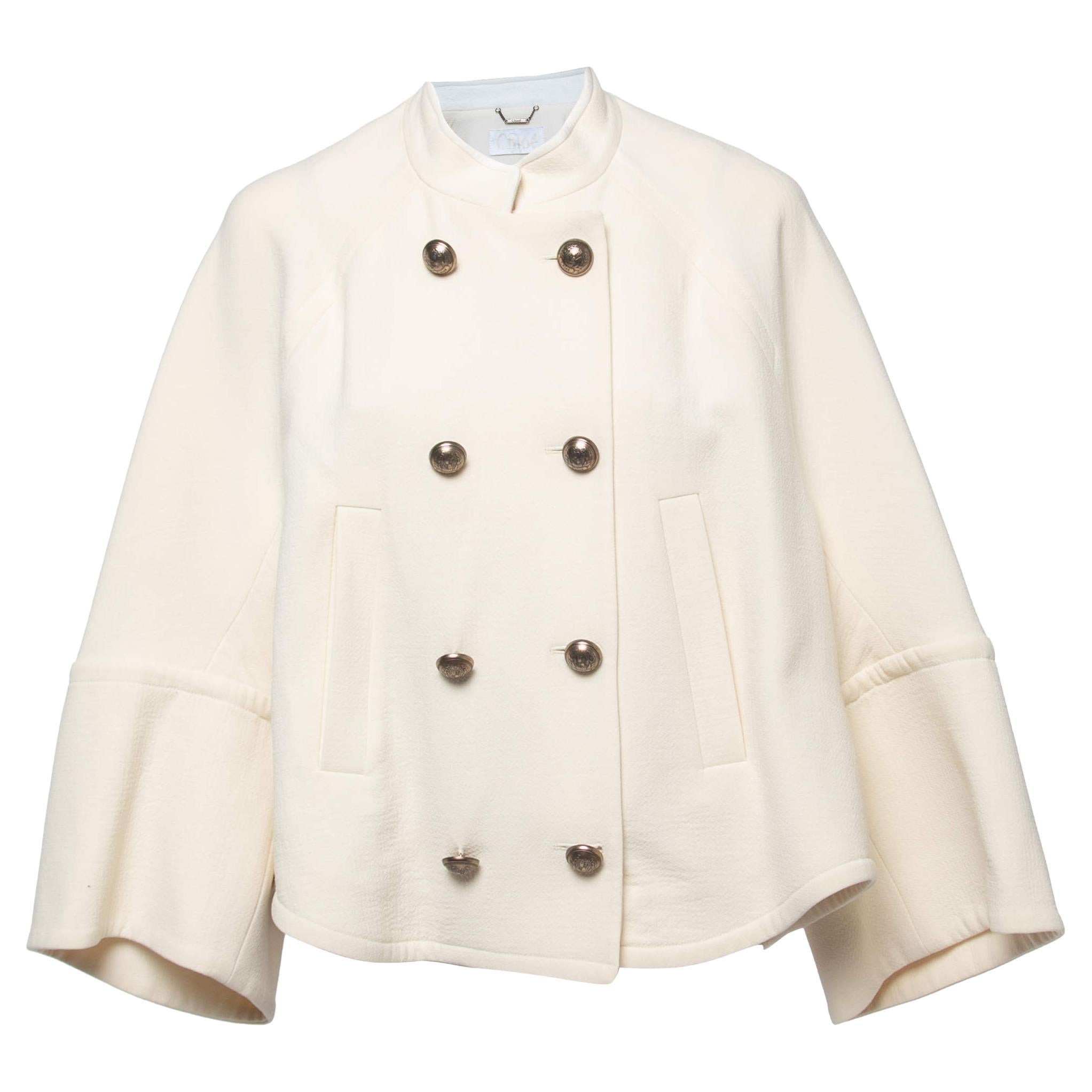 Chloe Cream Wool Crepe Mandarin Collared Double Breasted Cape