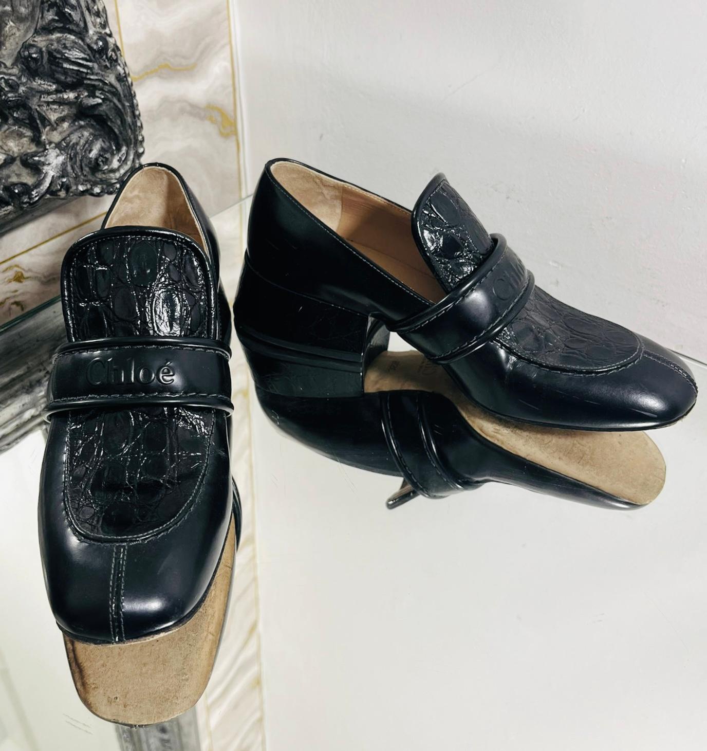 Black Chloe Croc Embossed Logo Leather Loafers For Sale