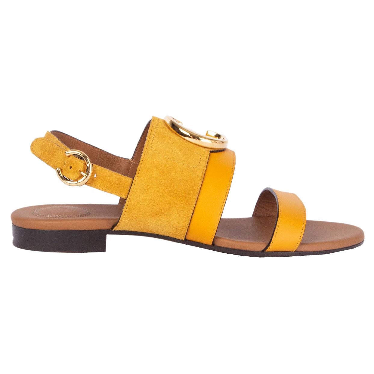 CHLOE curry yellow suede C LOGO Flat Sandals Shoes 37.5