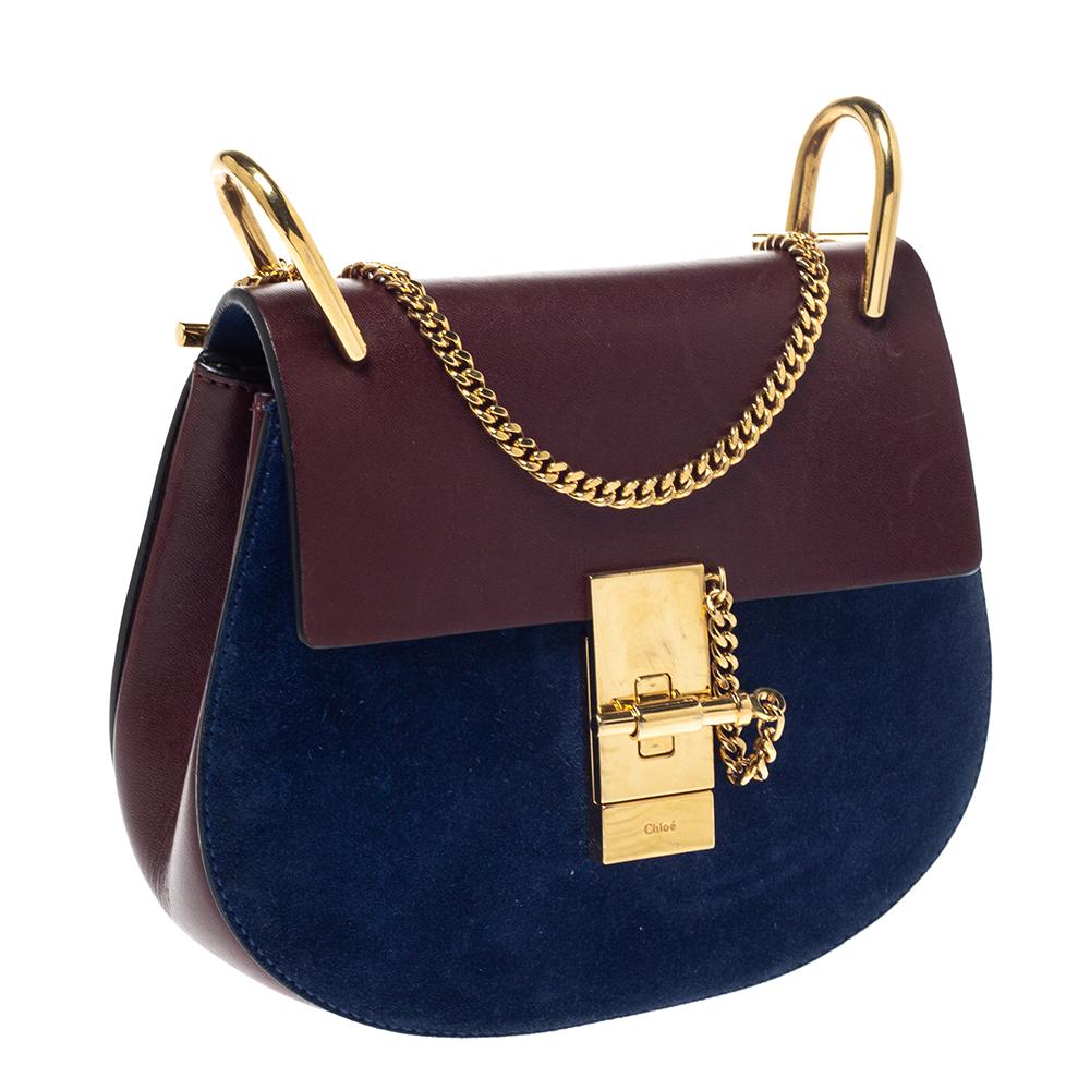 Chloe Dark Brown/Blue Leather and Suede Small Drew Shoulder Bag In Good Condition In Dubai, Al Qouz 2