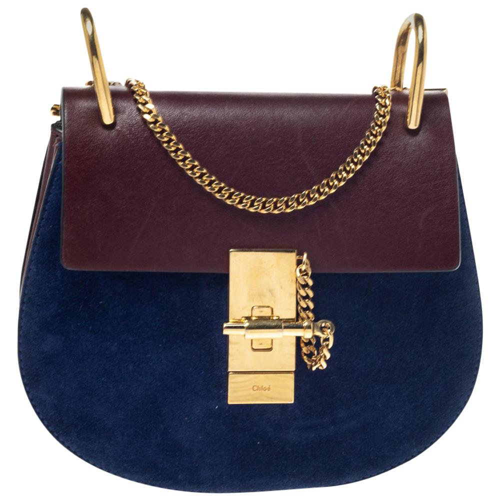 Chloe Dark Brown/Blue Leather and Suede Small Drew Shoulder Bag
