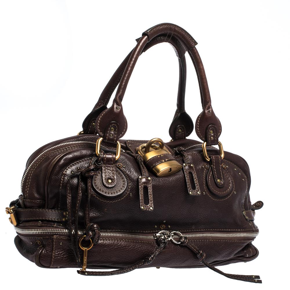 Chloe Cartable Paddington zippé en cuir Brown foncé en vente 5