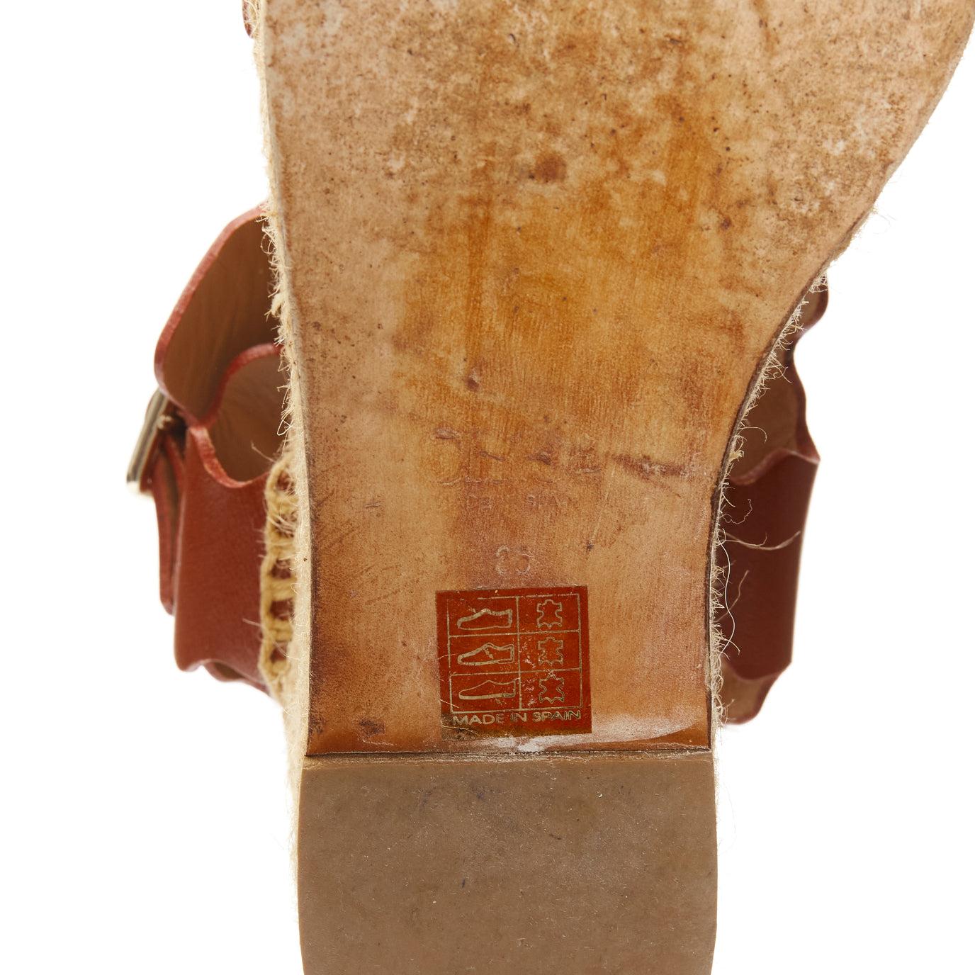 CHLOE dark brown scalloped edge gold buckle jute espadrille platform sandal EU36 For Sale 6