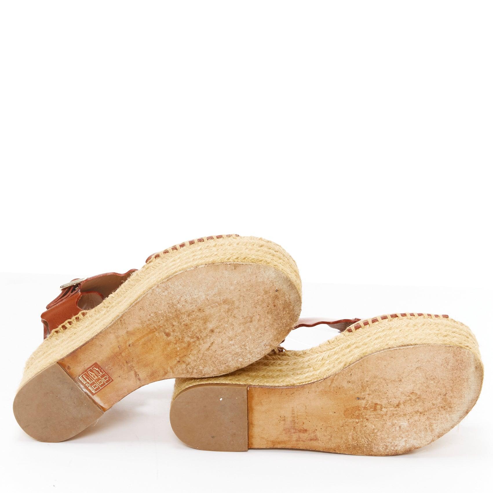 CHLOE dark brown scalloped edge gold buckle jute espadrille platform sandal EU36 For Sale 7