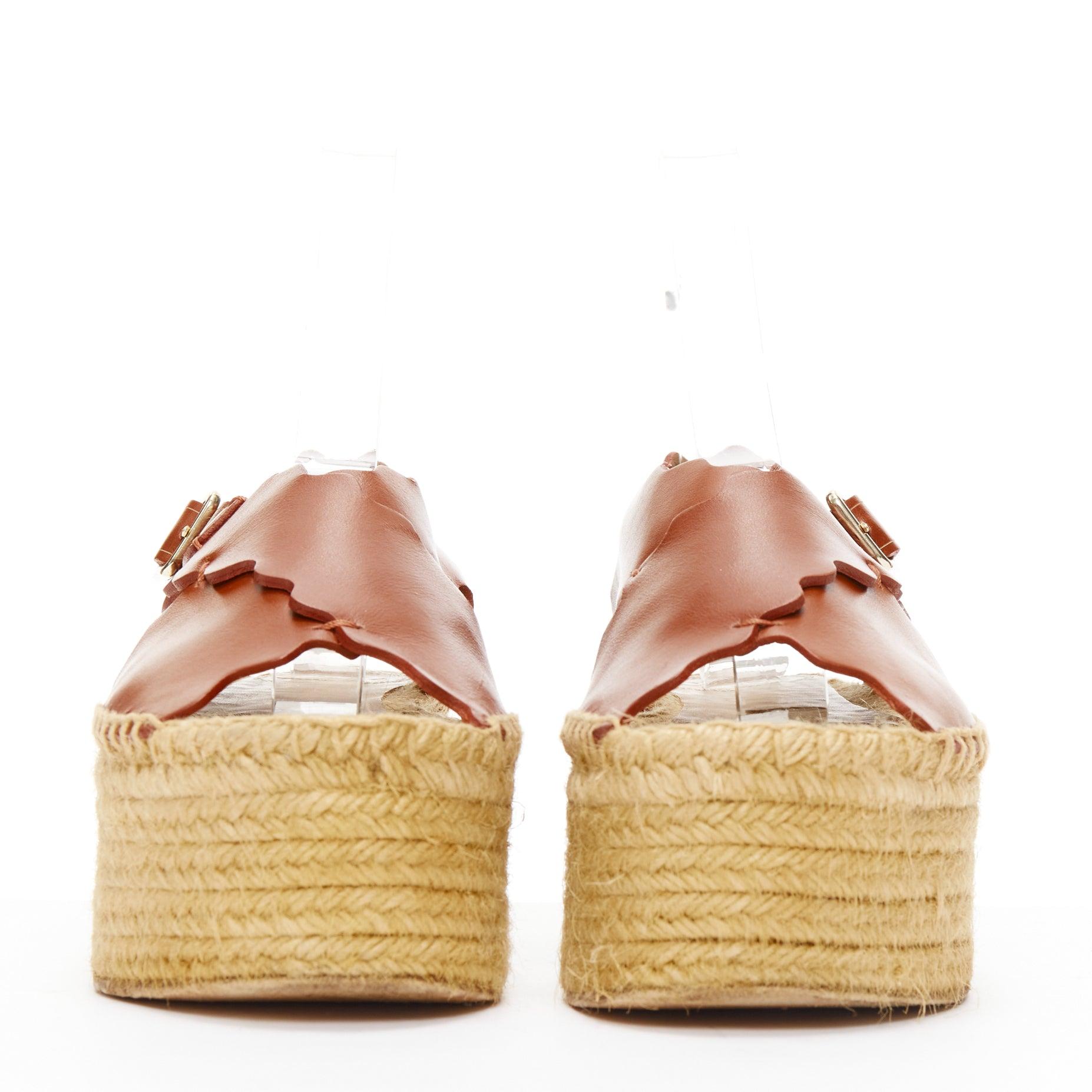Beige CHLOE dark brown scalloped edge gold buckle jute espadrille platform sandal EU36