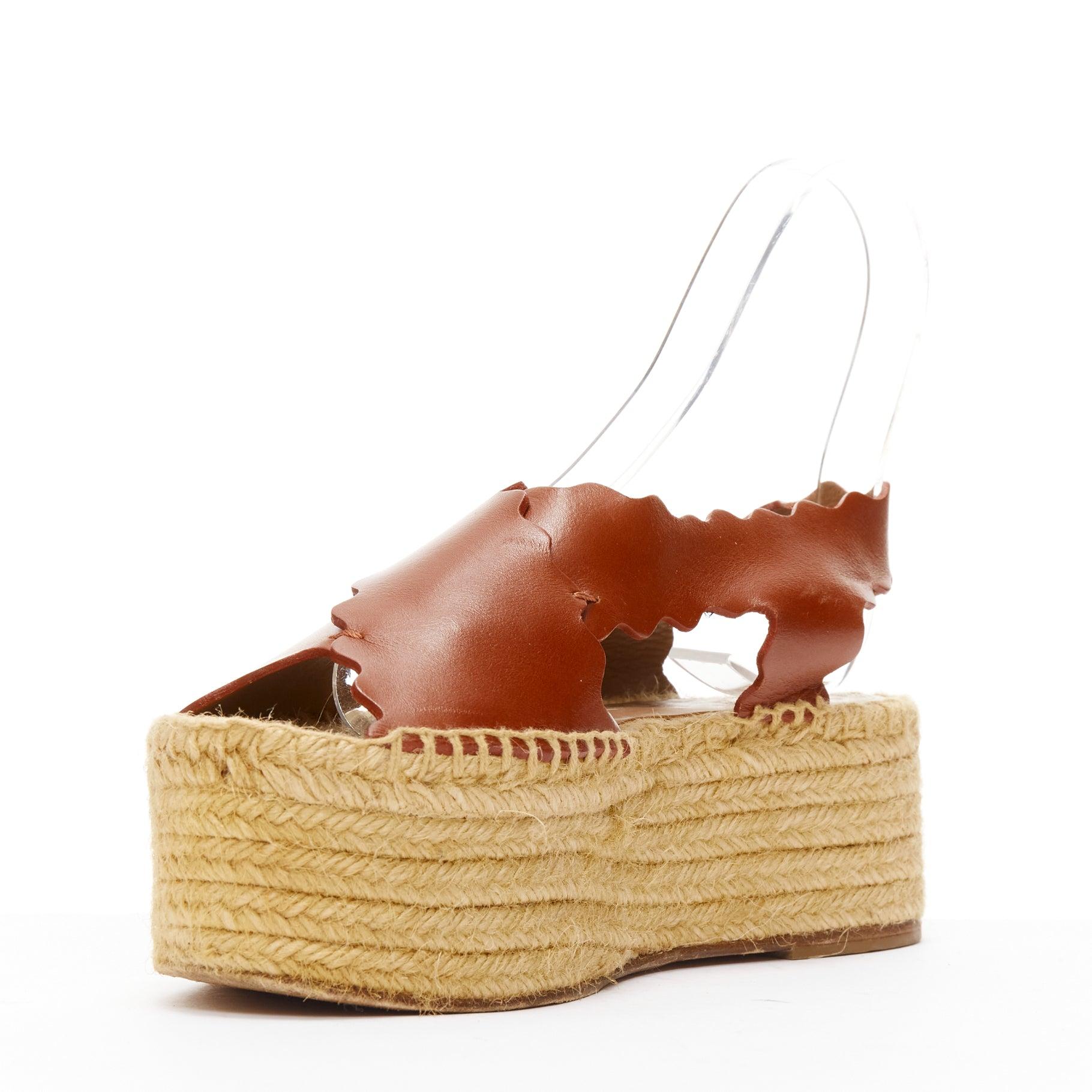 CHLOE dark brown scalloped edge gold buckle jute espadrille platform sandal EU36 In Good Condition In Hong Kong, NT