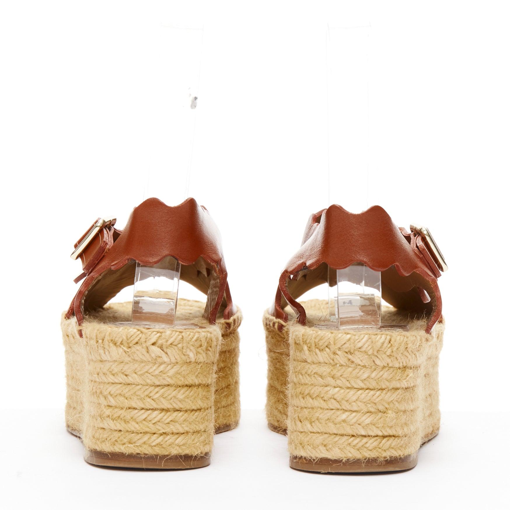 Women's CHLOE dark brown scalloped edge gold buckle jute espadrille platform sandal EU36