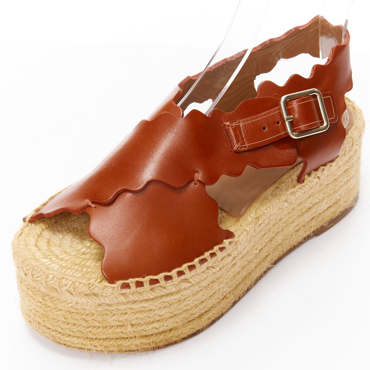 CHLOE dark brown scalloped edge gold buckle jute espadrille platform sandal EU36 2