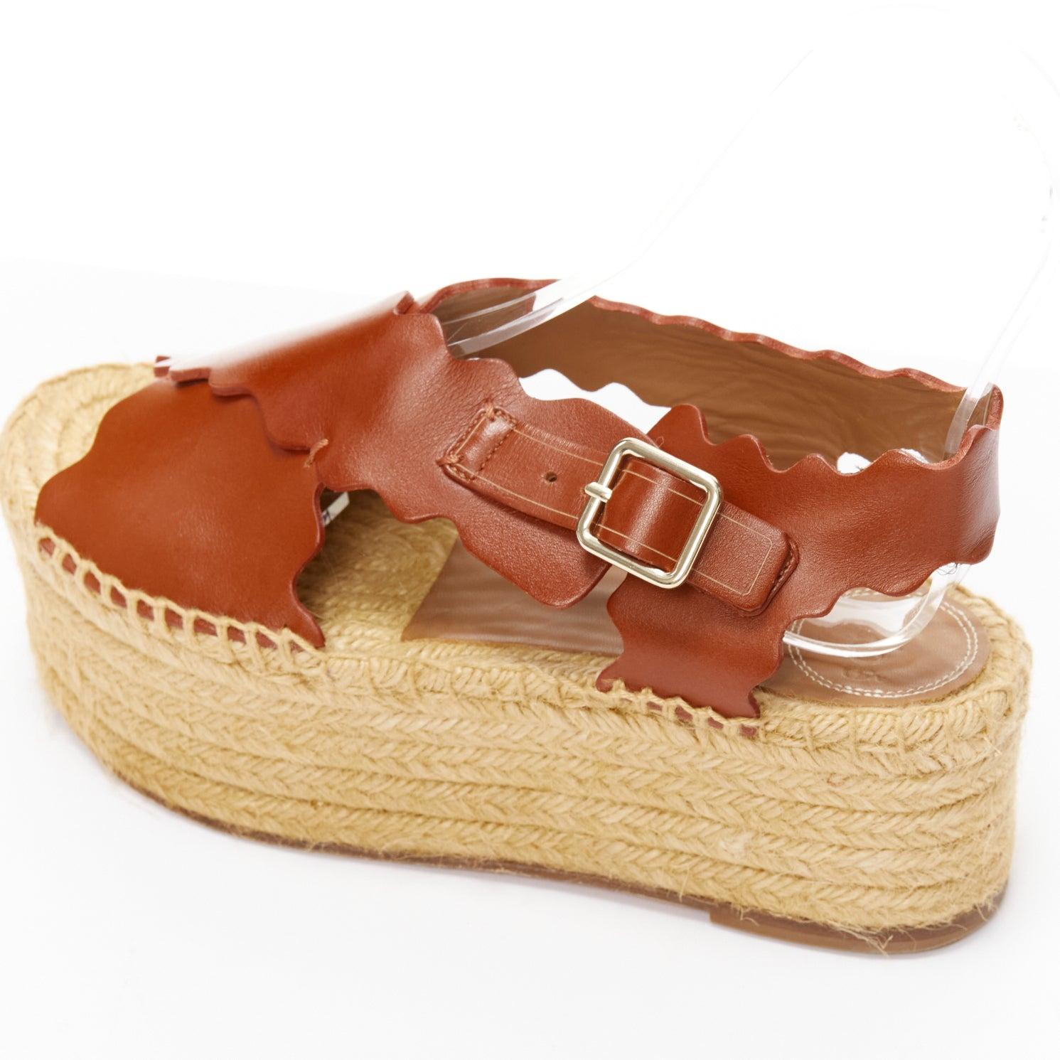 CHLOE dark brown scalloped edge gold buckle jute espadrille platform sandal EU36 For Sale 4