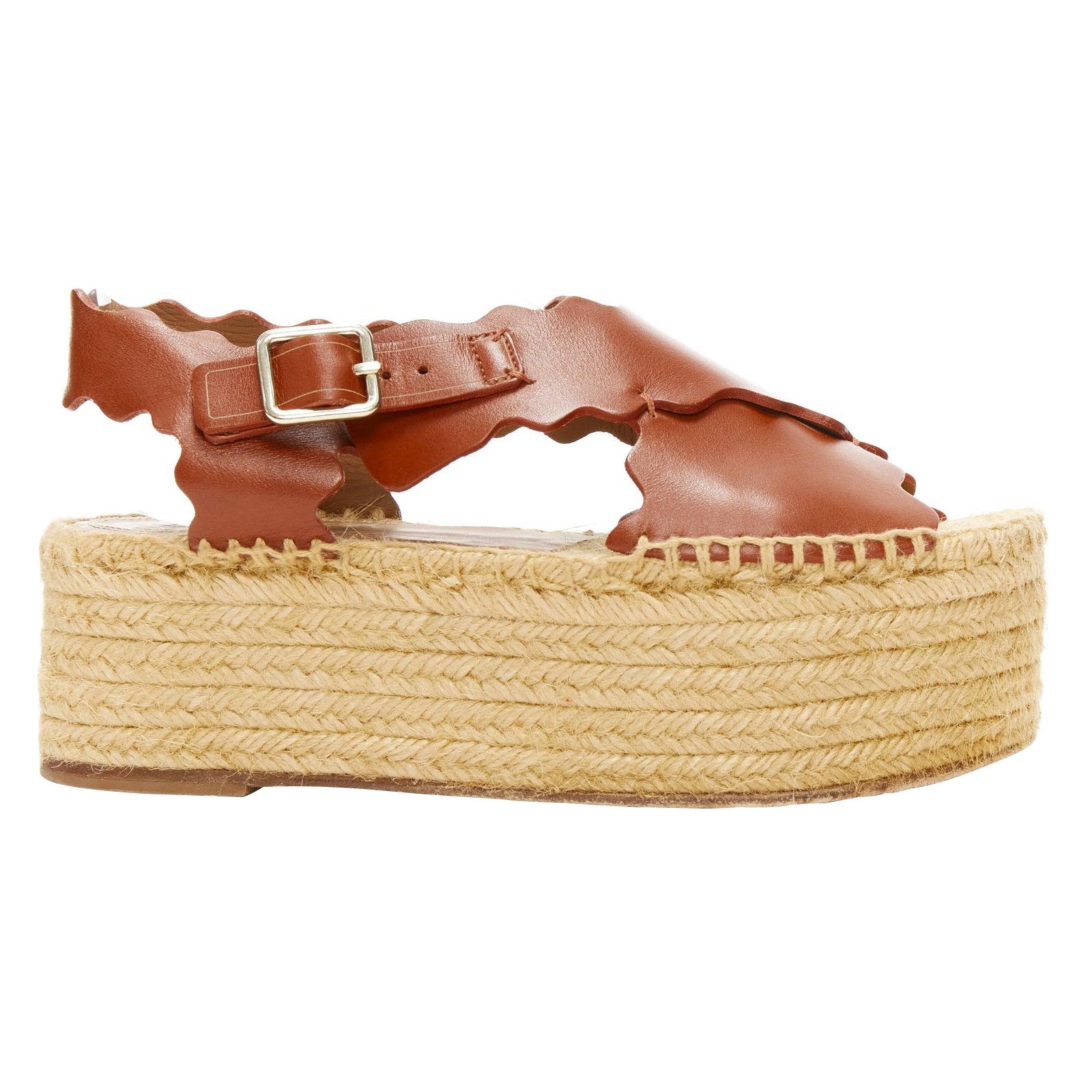 CHLOE dark brown scalloped edge gold buckle jute espadrille platform sandal EU36