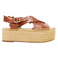 CHLOE dark brown scalloped edge gold buckle jute espadrille platform sandal EU36