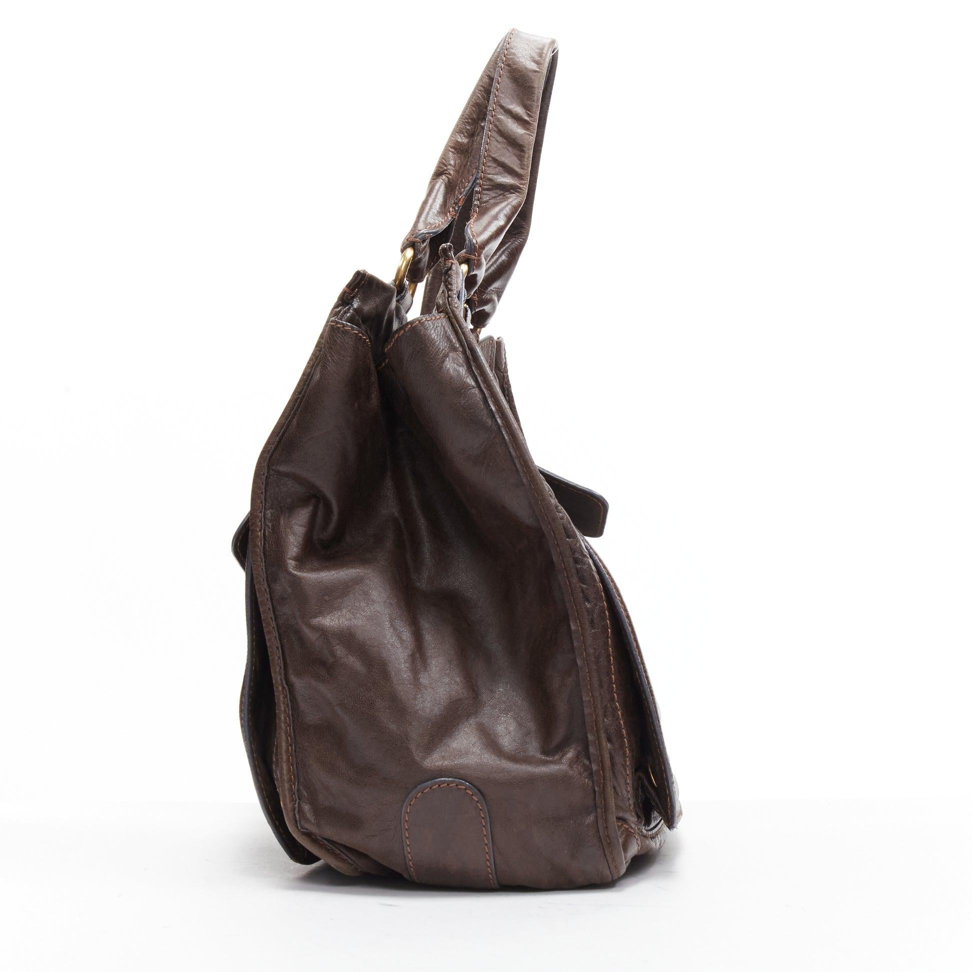 CHLOE dark brown soft leather oversized zipper pull pipe trim tote bag In Fair Condition In Hong Kong, NT