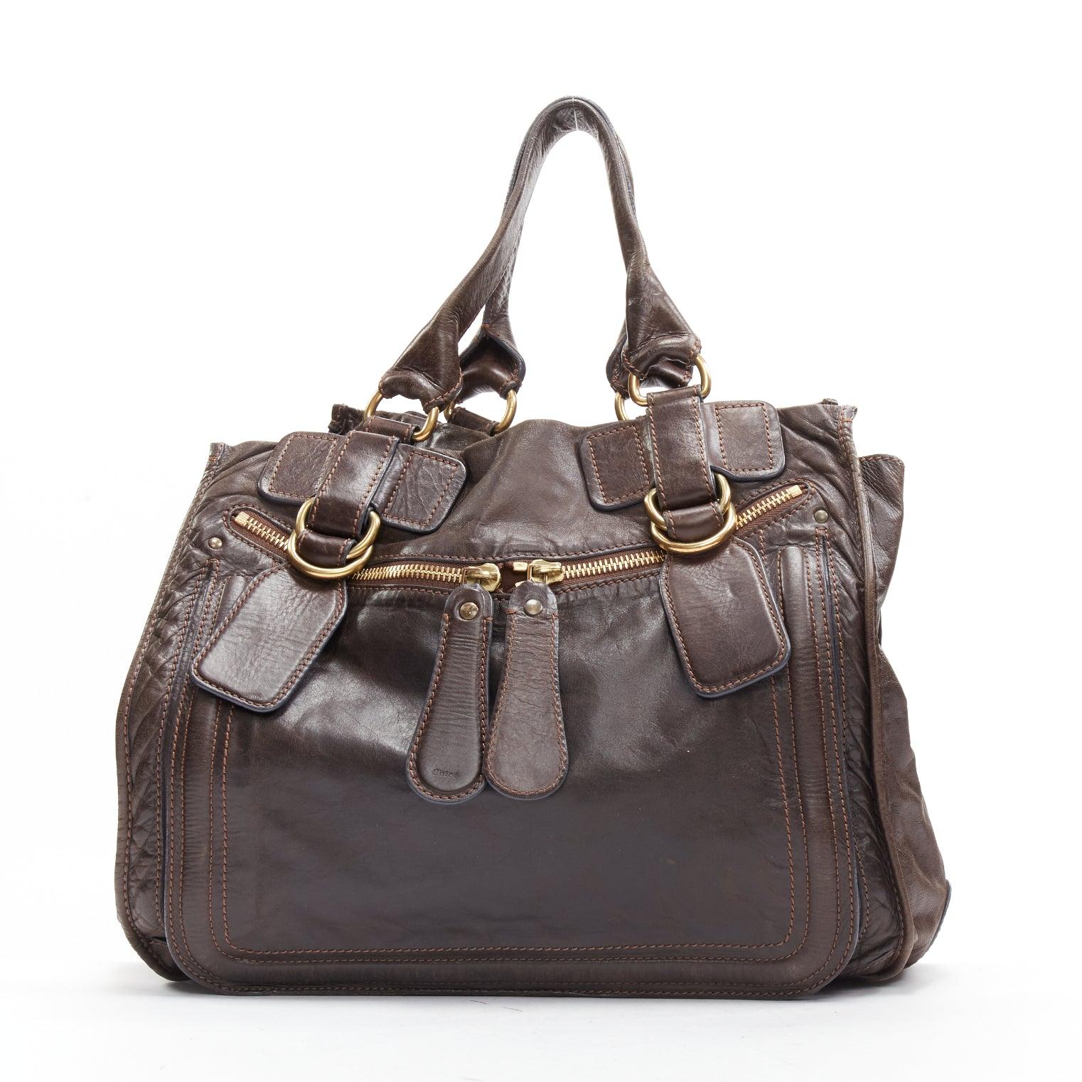 Women's CHLOE dark brown soft leather oversized zipper pull pipe trim tote bag