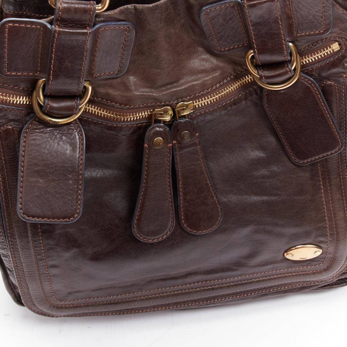 CHLOE dark brown soft leather oversized zipper pull pipe trim tote bag 2