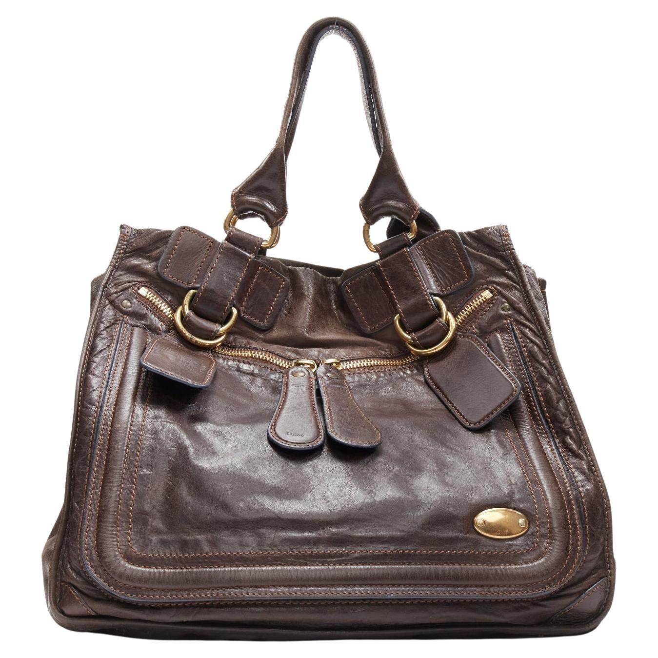 CHLOE dark brown soft leather oversized zipper pull pipe trim tote bag
