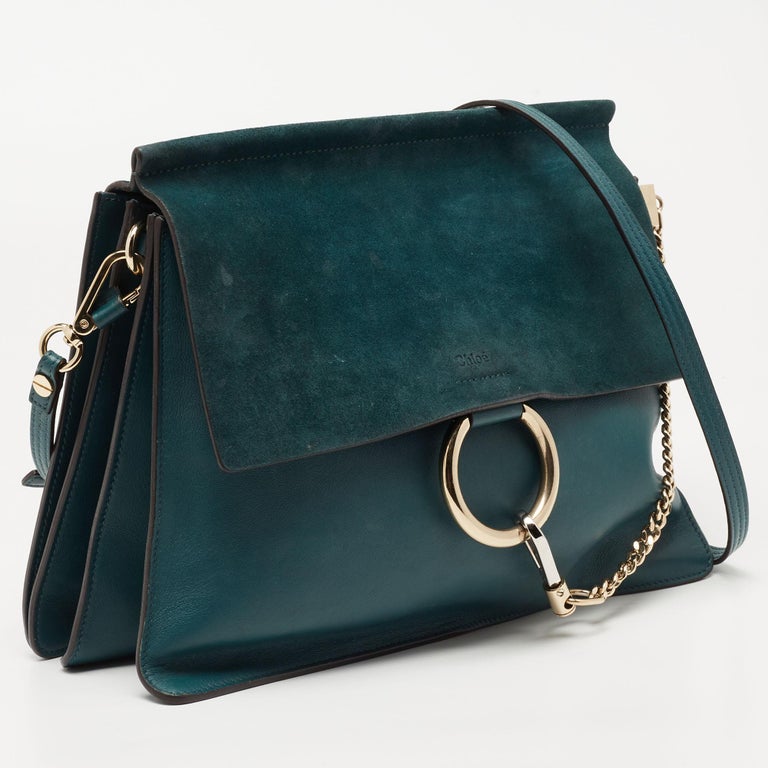 Chloe Dark Green Leather and Suede Medium Faye Shoulder Bag For Sale at