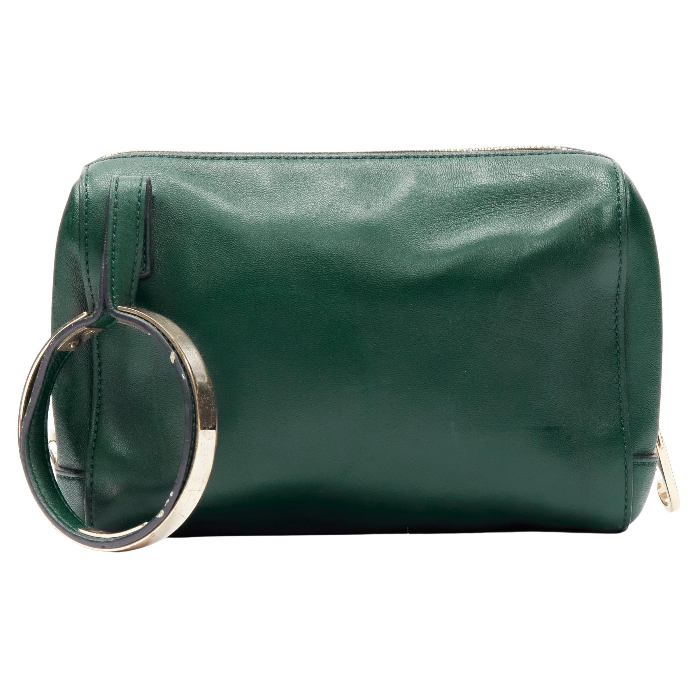 CHLOE dark green leather gold bangle cuff zip pouch clutch