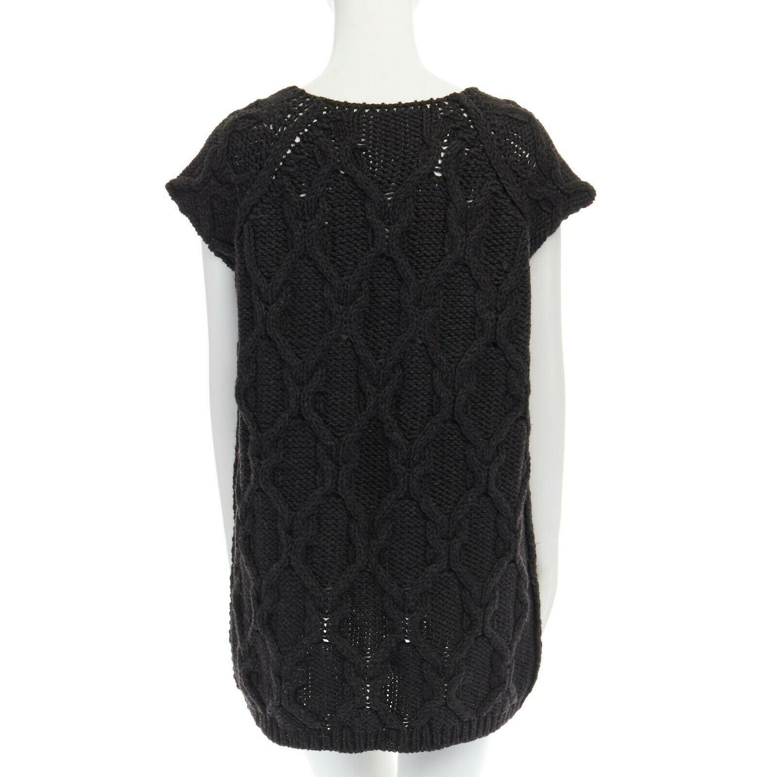 Black CHLOE dark grey merino wool yack blend V-neck grid chunky knit vest sweater S