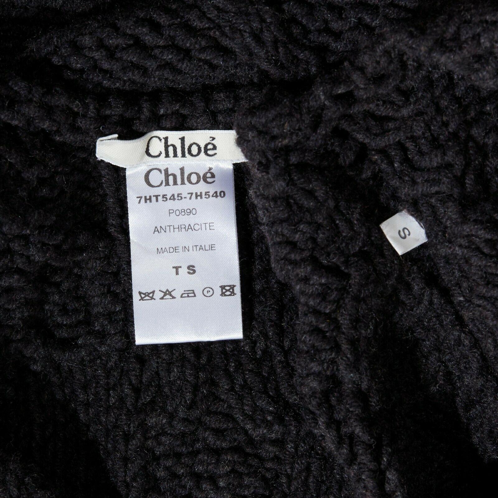 CHLOE dark grey merino wool yack blend V-neck grid chunky knit vest sweater S 3