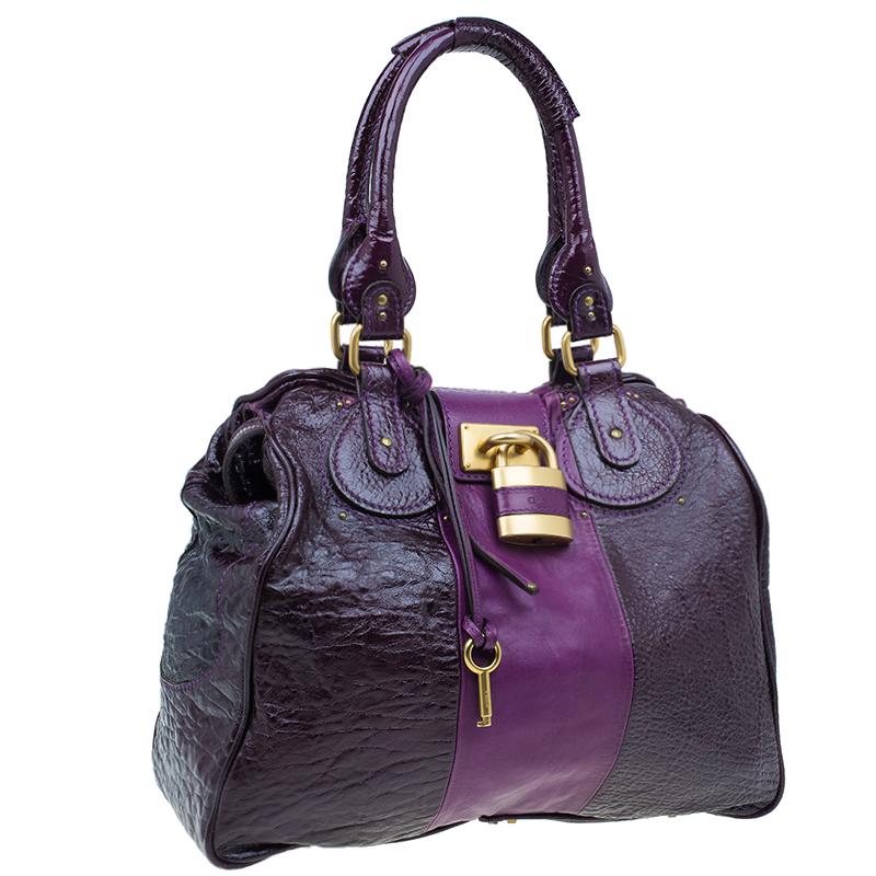 Chloe Dark Purple Patent Leather Paddington Tote In Good Condition In Dubai, Al Qouz 2