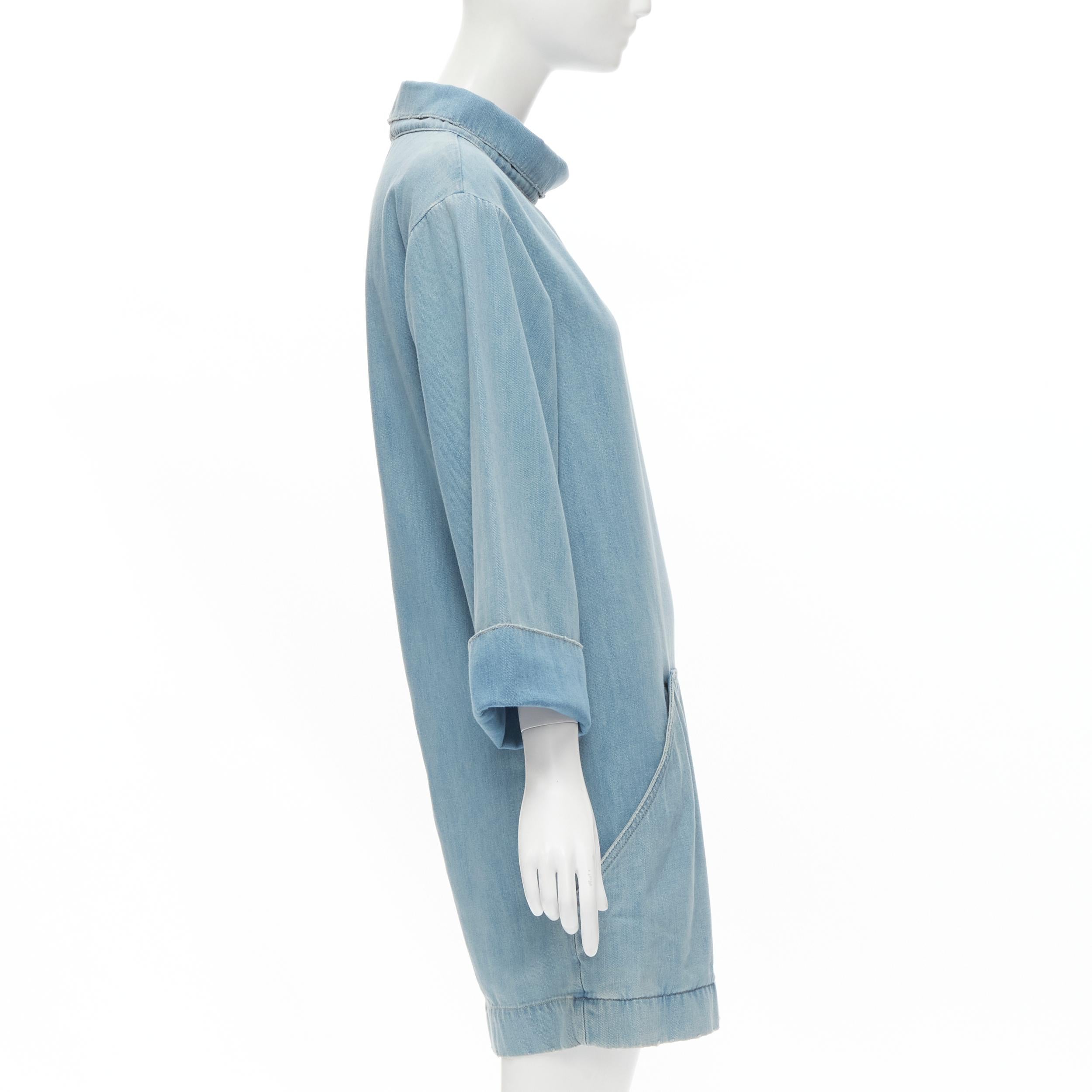 Blue CHLOE distressed washed blue denim stand collar cuffed sleeve boxy dress FR34 XS
