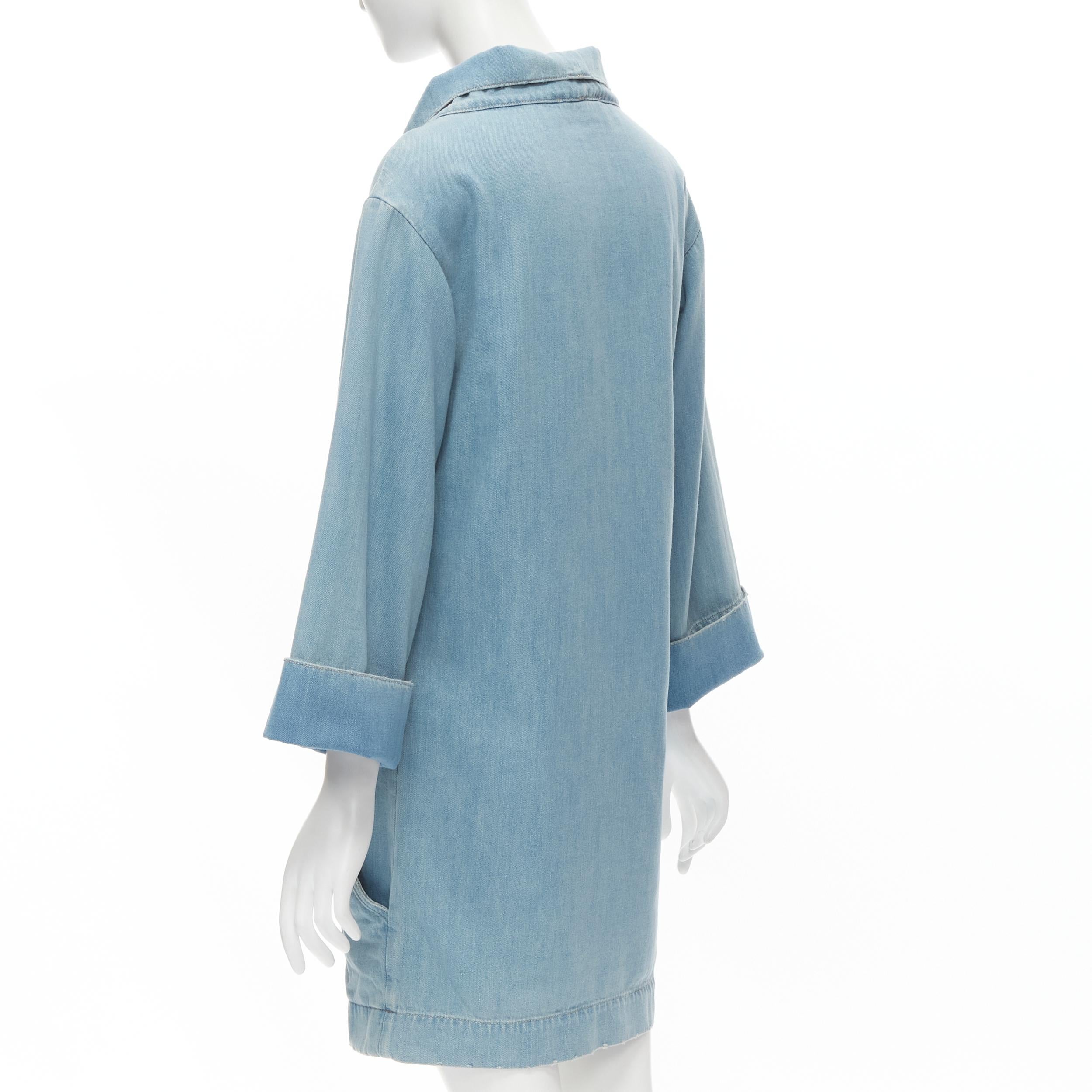 Women's CHLOE distressed washed blue denim stand collar cuffed sleeve boxy dress FR34 XS