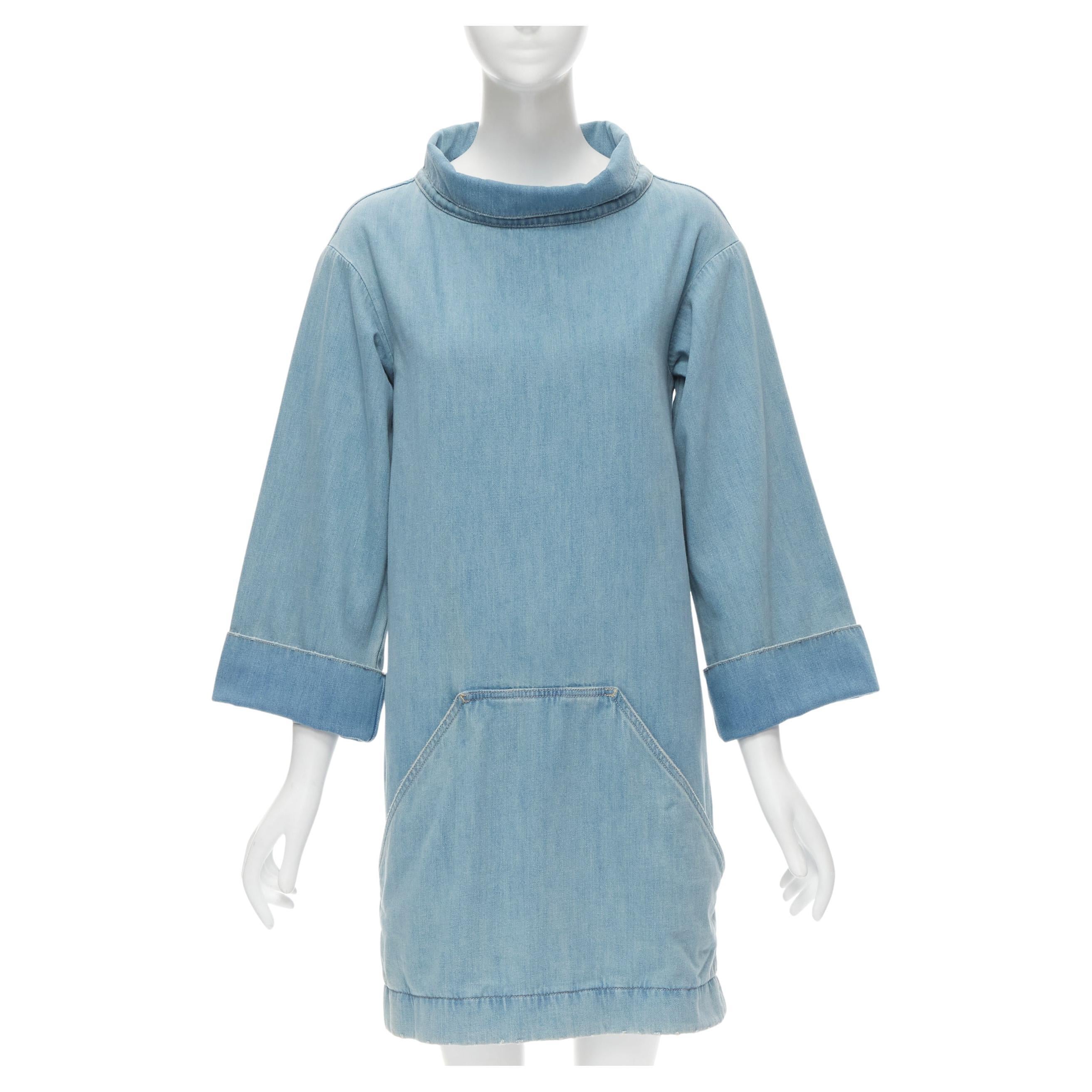 CHLOE distressed washed blue denim stand collar cuffed sleeve boxy dress FR34 XS