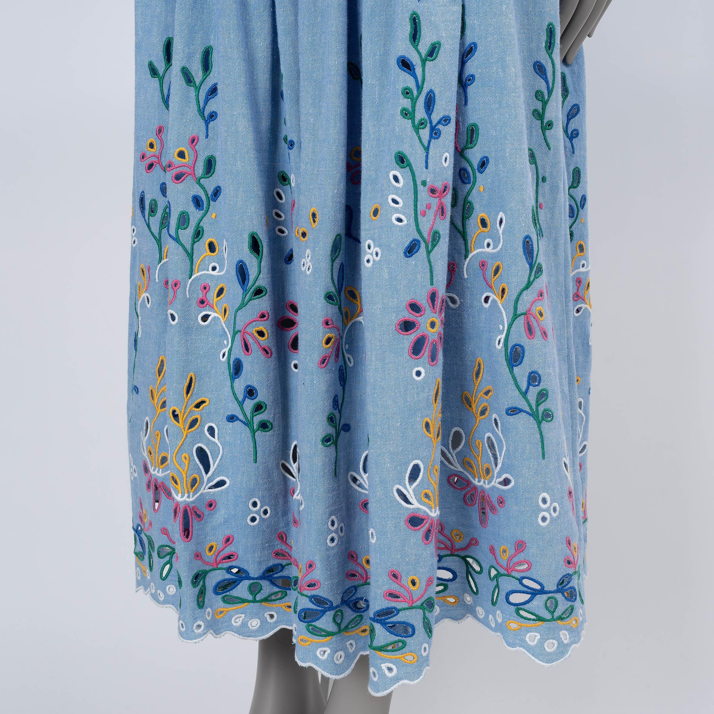 Women's CHLOE Downey blue cotton & linen 2022 BRODERIE ANGLAISE Maxi Skirt S For Sale