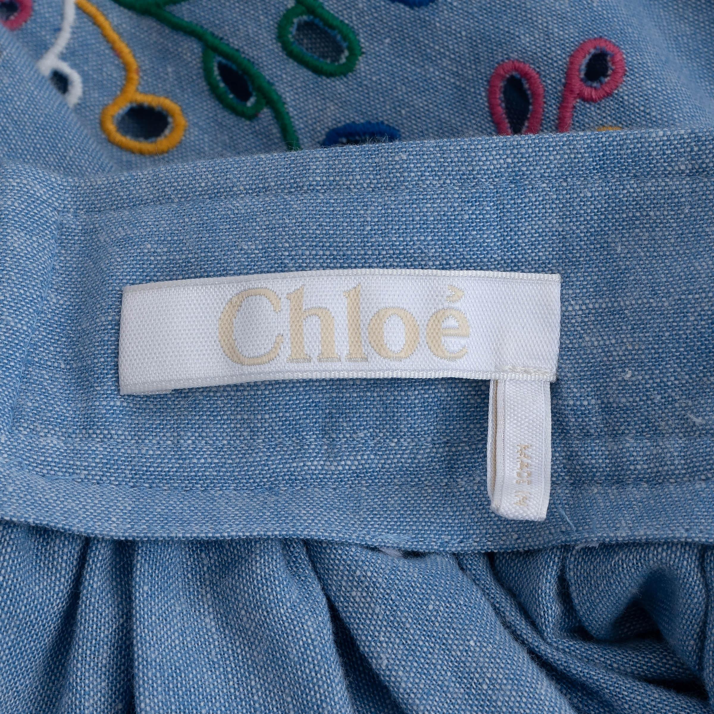 CHLOE Downey blue cotton & linen 2022 BRODERIE ANGLAISE Maxi Skirt S For Sale 1