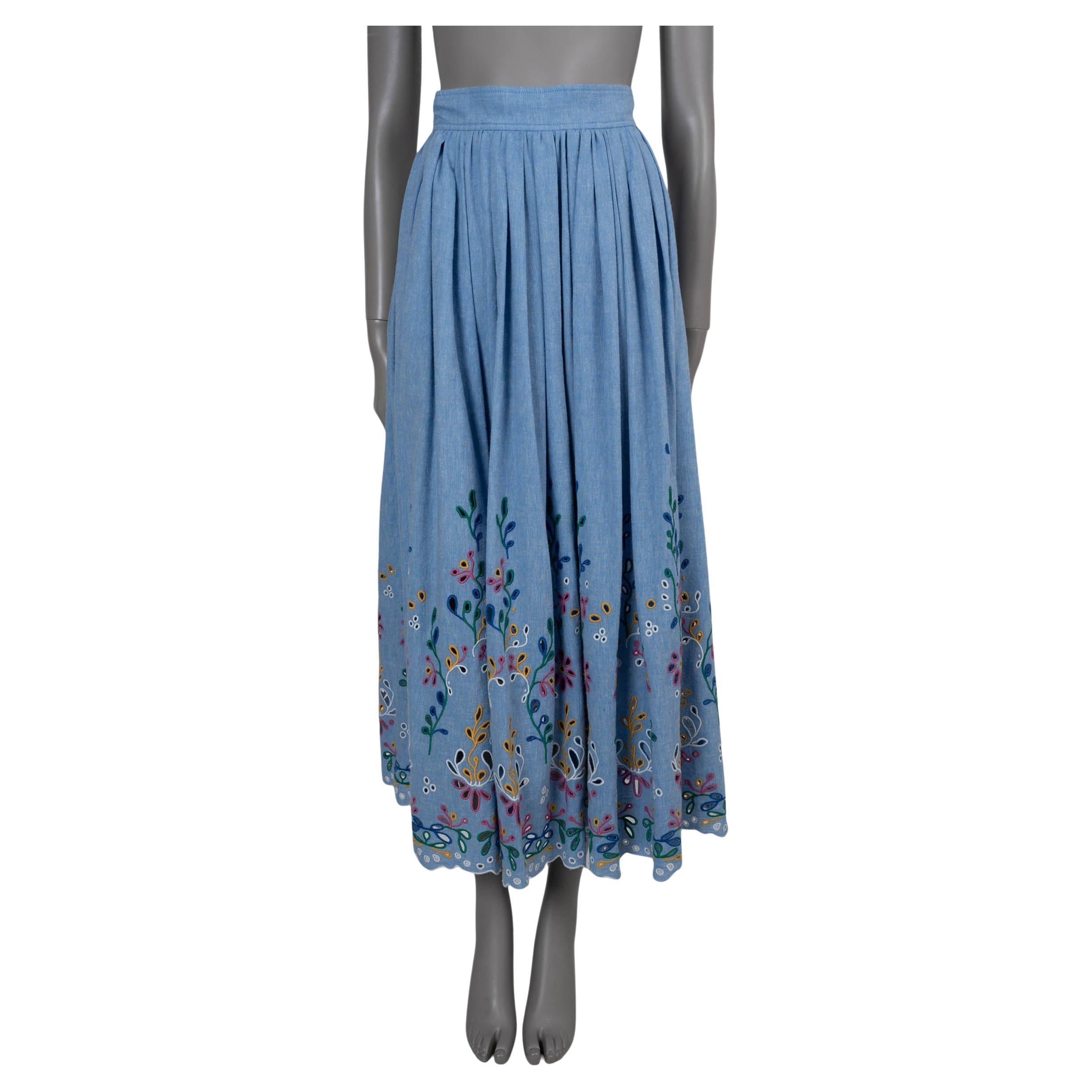 CHLOE Downey blue cotton & linen 2022 BRODERIE ANGLAISE Maxi Skirt S