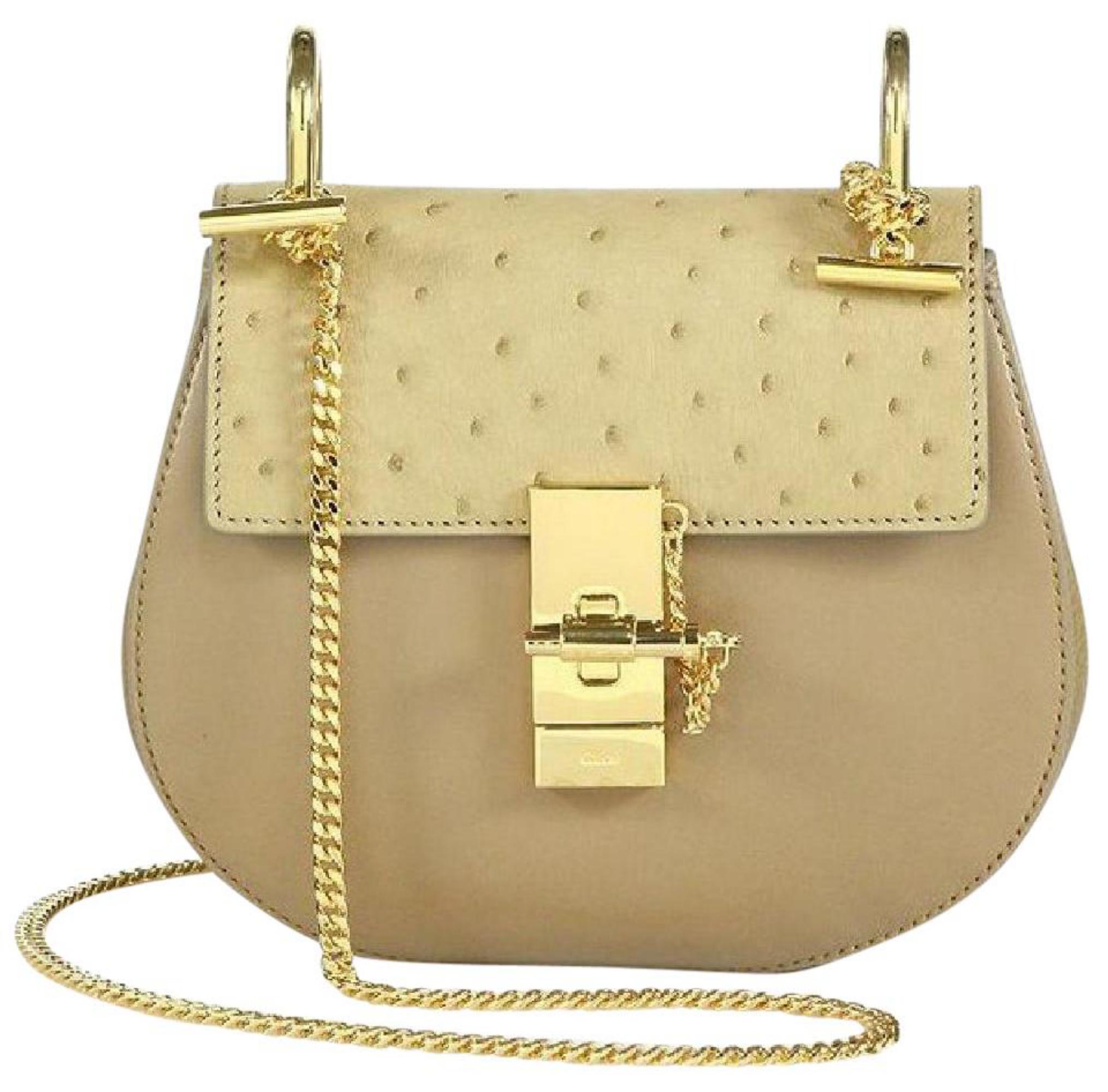 Chloé Drew Mini and Ostrich 825mt11 Beige Leather Cross Body Bag For Sale