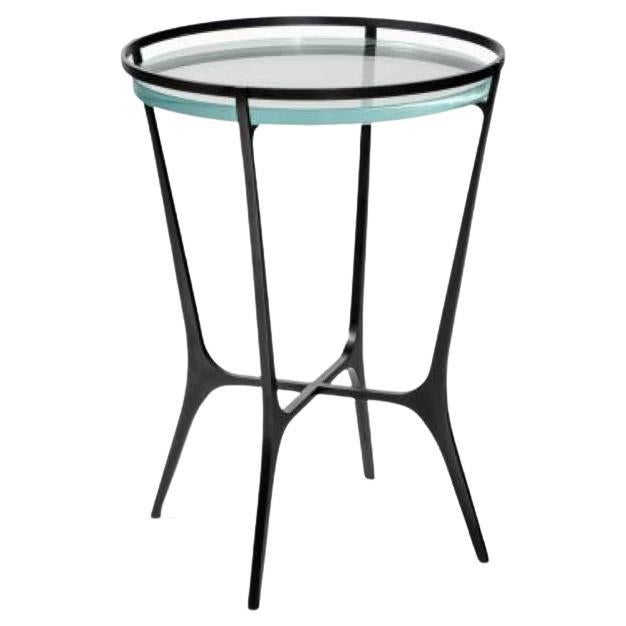 Chloe Drink Table, Dark Bronze Base, Starfire Glass Top For Sale