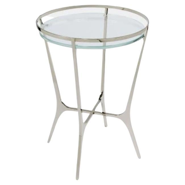 Chloe Drink Table, Polished Nickel Base, Starfire Glass Top For Sale